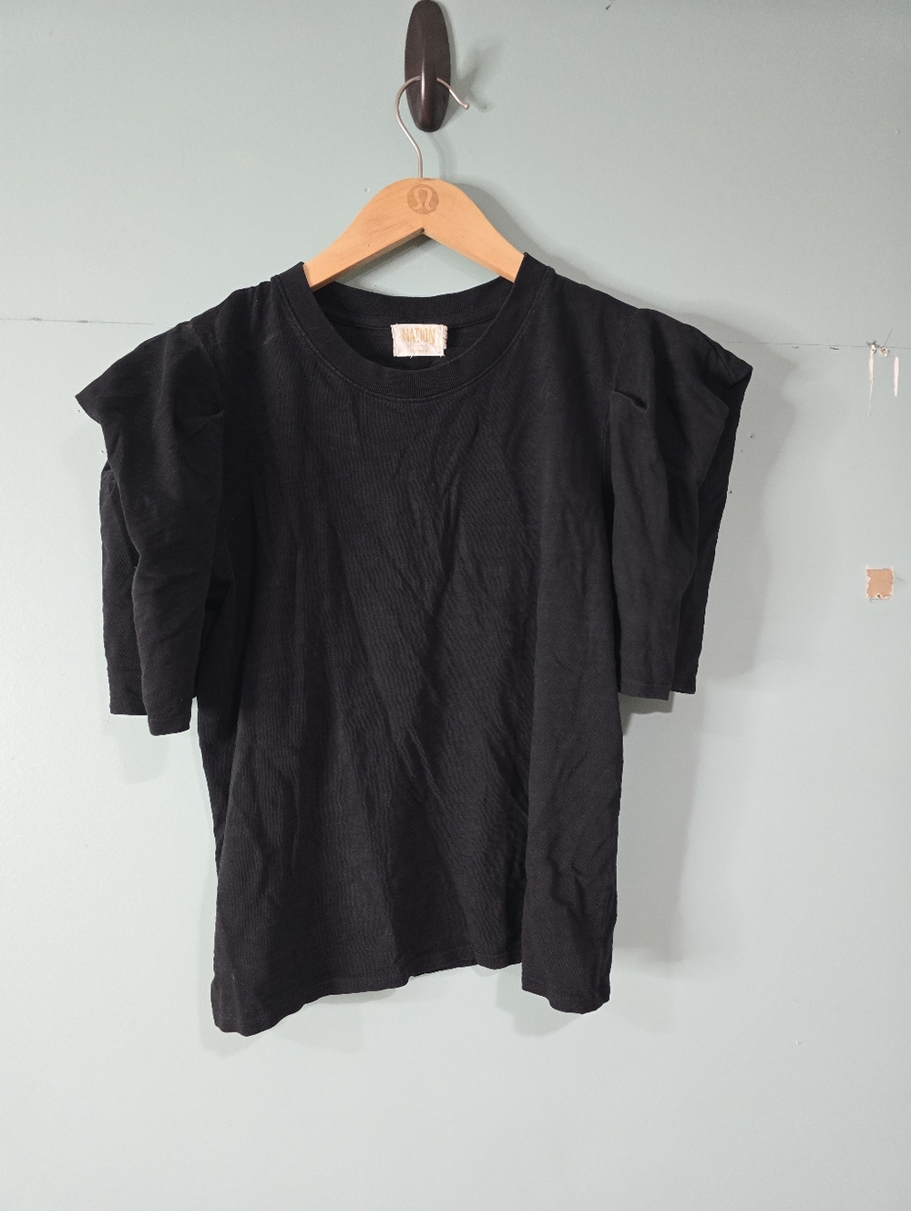Nation LTD Shirt Womens Black Jersey Crew Neck 3/4 Puff Sleeve Ruffle Top S